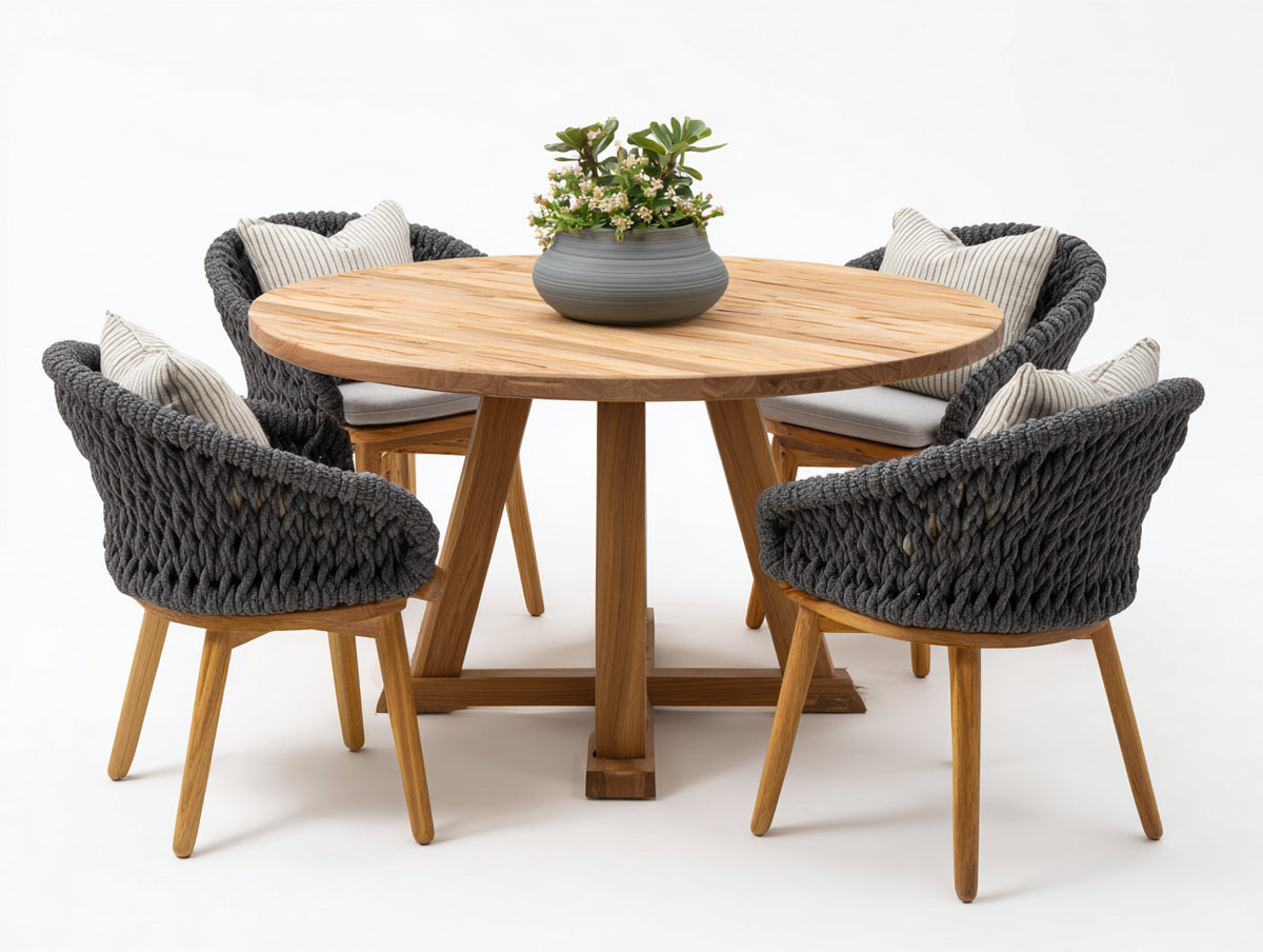 Set da pranzo da esterno - Legno-Corda-Tessuto - 128x128x76 cm - Marrone dorato-Antracite-Beige - Stile contemporaneo