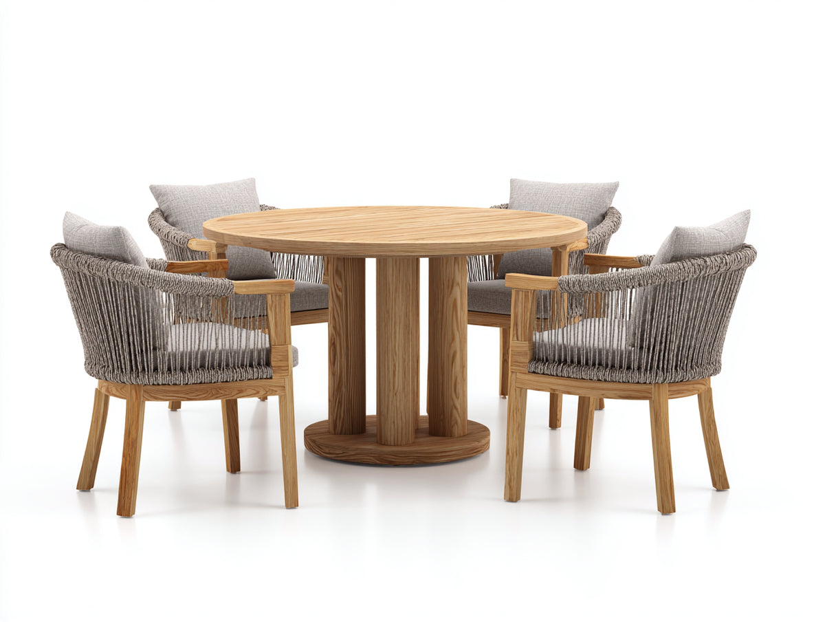 Set da pranzo da esterno - Legno-Corda-Tessuto - 130x130x75 cm - Marrone miele-Grigio tortora-Beige chiaro - Stile moderno