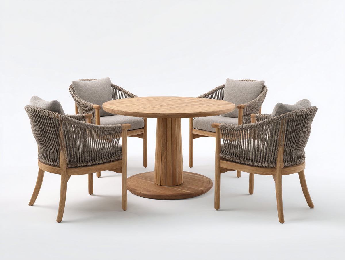 Set da pranzo da esterno - Legno-Corda-Tessuto - 125x125x75 cm - Marrone naturale-Grigio tortora-Beige - Stile contemporaneo