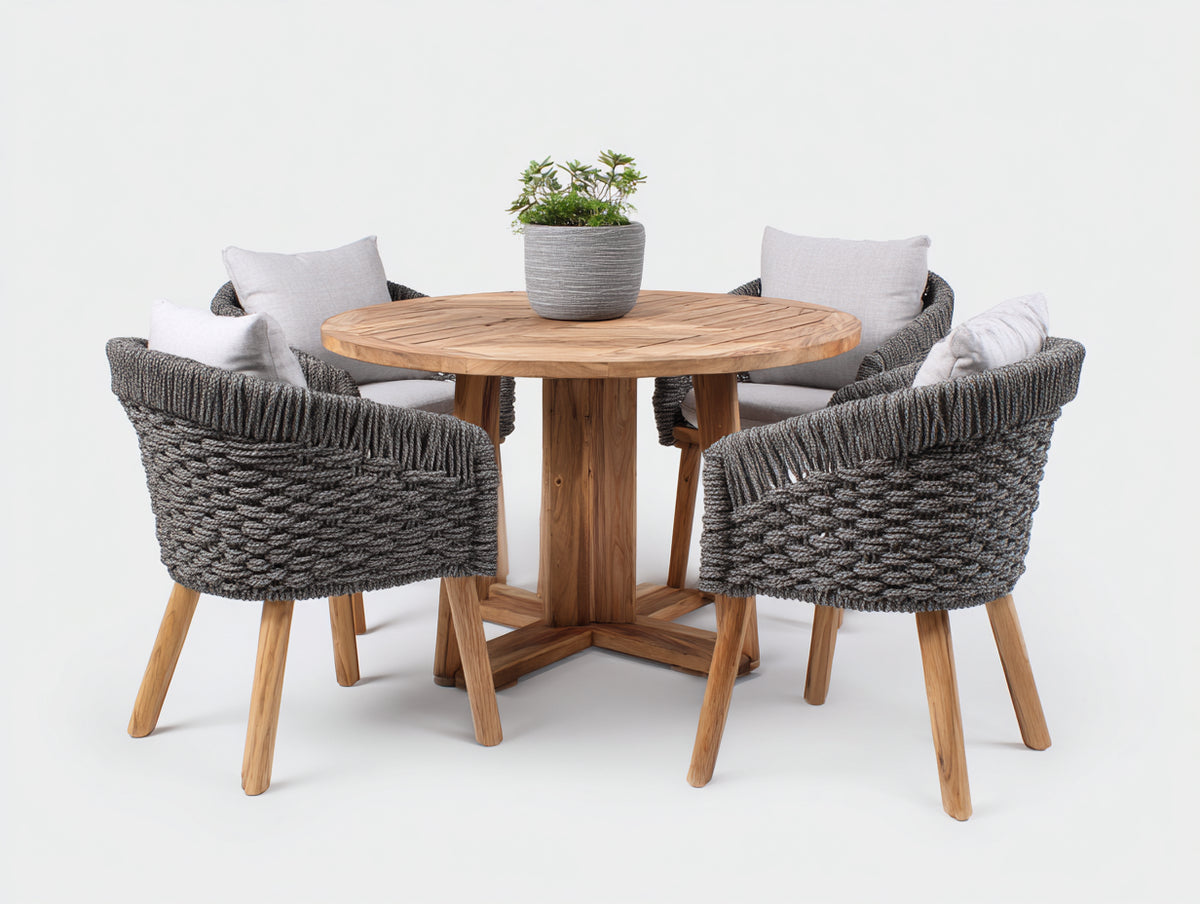 Set da pranzo da esterno - Legno-Corda-Tessuto - 120x120x75 cm - Marrone naturale-Grigio scuro-Grigio chiaro - Stile naturale